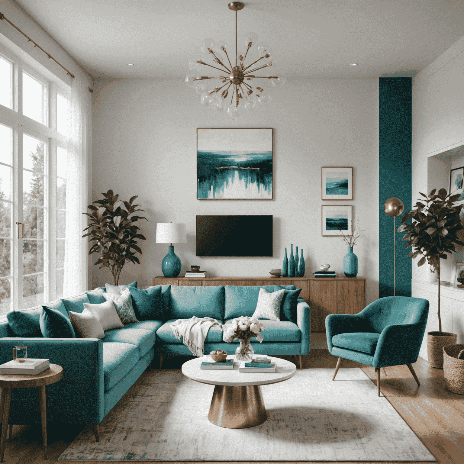 Imagen de una sala de estar completamente renovada con diseño moderno, paredes blancas, muebles elegantes y acentos en teal