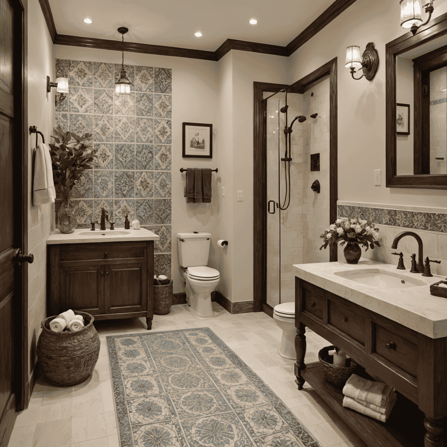 Baño elegante con azulejos decorativos españoles, ducha de lluvia y muebles de madera oscura