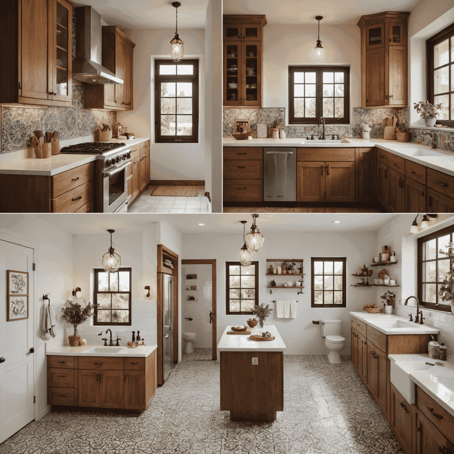 Collage de una cocina y un baño españoles modernos recién remodelados, con azulejos tradicionales y accesorios contemporáneos